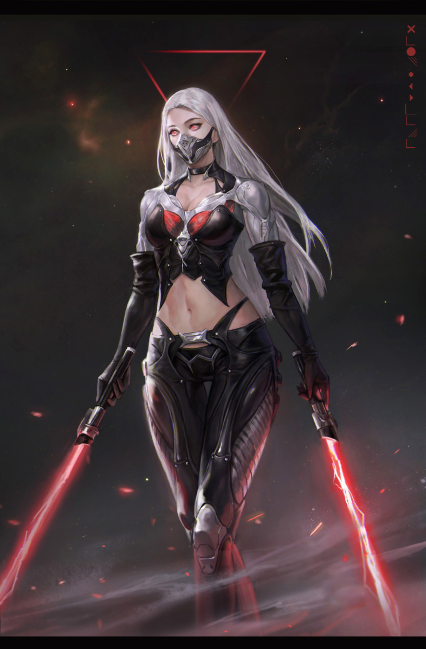 1girl breasts cleavage commentary dual_wielding elbow_gloves energy_sword english_commentary feet_out_of_frame gloves highres holding holding_lightsaber large_breasts lightsaber long_sleeves mask mouth_mask navel original red_eyes red_lightsaber simple_background sith solo star_wars sword weapon whata white_hair