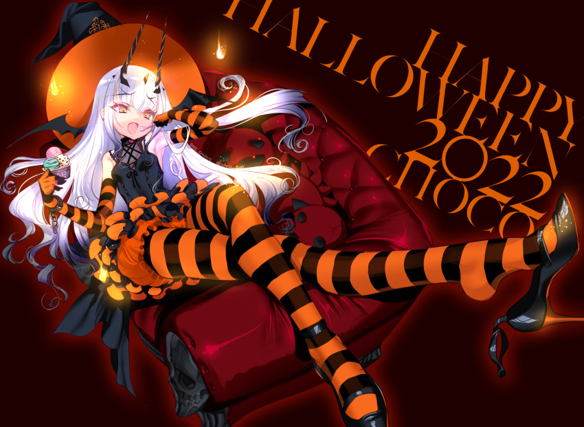 1girl breasts choco_(chocolate_shop) fate/grand_order fate_(series) forked_eyebrows halloween happy_halloween hat highres long_hair melusine_(fate) open_mouth sidelocks sitting small_breasts smile solo white_hair witch_hat yellow_eyes