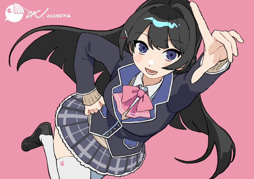 1girl 87saurus black_footwear black_hair black_jacket blazer blue_eyes blush_stickers bow bowtie highres jacket loafers long_hair nijisanji pink_background pink_bow pink_bowtie plaid plaid_skirt school_uniform shoes simple_background skirt solo thighhighs tsukino_mito tsukino_mito_(1st_costume) virtual_youtuber white_thighhighs