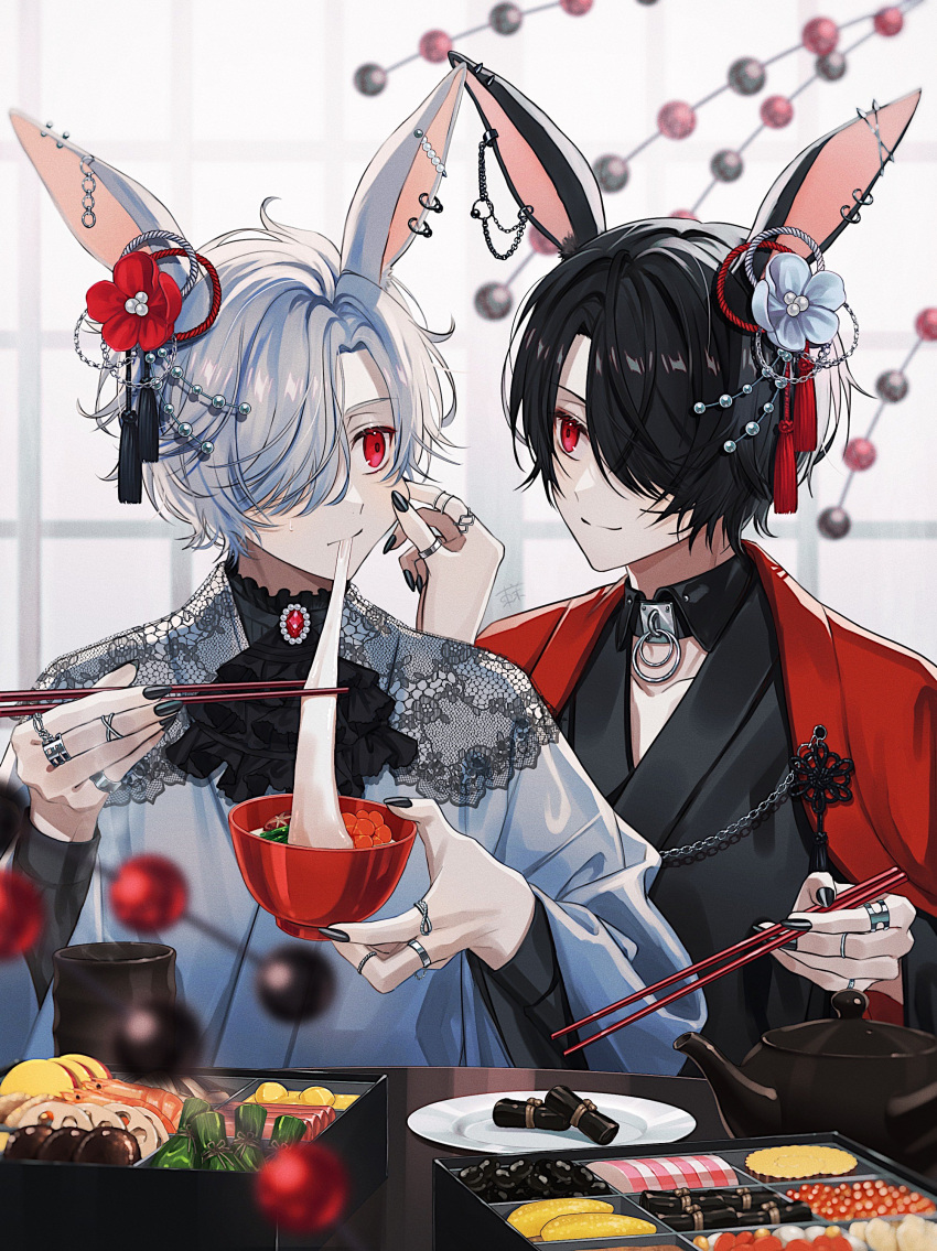 2boys absurdres animal_ears azuma_hatori bishounen black_choker black_hair black_nails blurry blurry_background bowl chain cheek_pull choker chopsticks depth_of_field eating ehoumaki fish_(food) flower food gunkanmaki hair_flower hair_ornament hand_up haori highres holding holding_bowl holding_chopsticks inarizushi indoors jacket japanese_clothes jewelry lace light_smile long_sleeves looking_at_another makizushi male_focus multiple_boys multiple_rings nigirizushi noodles original parted_bangs plate rabbit_ears red_eyes red_flower red_jacket ring roe setsubun short_hair siblings sitting sushi tassel tassel_hair_ornament twins udon upper_body white_flower white_hair wide_sleeves