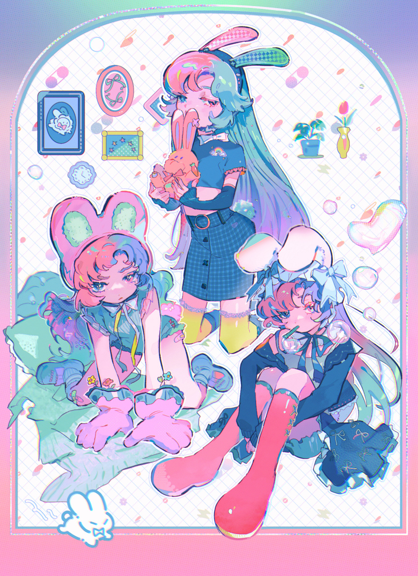 3girls all_fours animal_ears animal_hands black_gloves black_jacket black_ribbon blue_hair blue_shirt boots border bubble_blowing buttons crop_top cropped_shirt elbow_gloves fake_animal_ears fake_tail full_body gloves gradient_border gradient_hair hands_under_legs high-waist_skirt highres jacket knee_boots kneeling knees_to_chest knees_up mawarusanso mouth_hold multicolored_hair multiple_girls neck_ribbon original parted_bangs paw_gloves pink_gloves pink_hair plaid plaid_skirt print_shirt purple_hair rabbit_ears rabbit_tail red_footwear ribbon shirt sidelocks simple_background skirt tail white_background