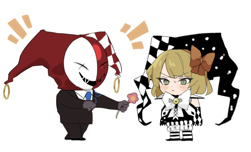 1boy 1girl black_jacket black_pants blonde_hair blue_necktie bow bowtie chibi claws detached_sleeves e.g.o_(project_moon) flower hair_bow hairband hat highres holding holding_flower jacket jester_cap library_of_ruina long_sleeves medium_hair mu46016419 necktie orange_bow orange_hairband oswald_(library_of_ruina) pants project_moon simple_background striped striped_thighhighs the_jester_of_nihil thighhighs tiphereth_a_(project_moon) white_background white_bow white_bowtie