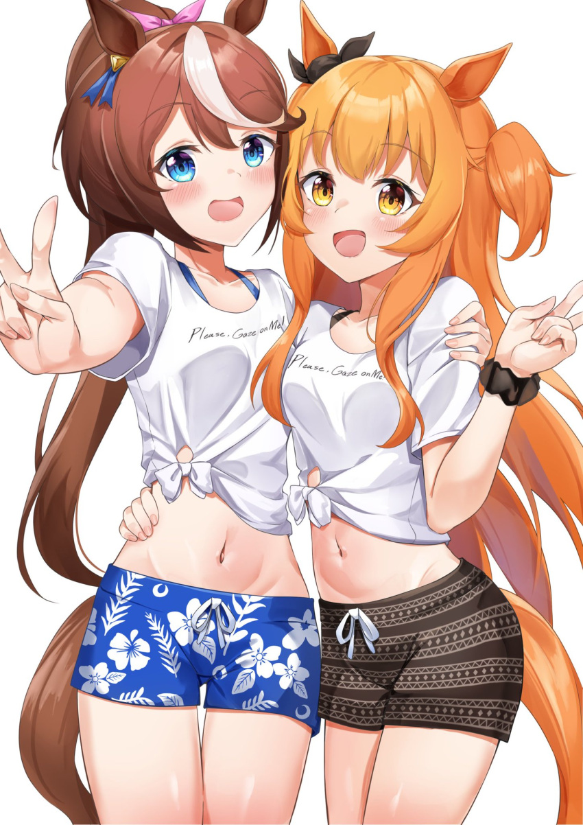 2girls :d animal_ears blue_eyes blue_shorts blush bow breasts brown_hair brown_shorts collarbone commentary_request cowboy_shot dusu_(htkj) ear_ribbon gaze_on_me!_outfit_(umamusume) groin hair_between_eyes hair_bow hand_on_another's_waist high_ponytail highres horse_ears horse_girl horse_tail long_hair looking_at_viewer male_swimwear mayano_top_gun_(umamusume) midriff multicolored_hair multiple_girls navel official_alternate_costume open_mouth orange_eyes orange_hair pink_bow ponytail ribbon scrunchie shirt short_shorts short_sleeves shorts sidelocks simple_background small_breasts smile standing streaked_hair swim_trunks t-shirt tail tied_shirt tokai_teio_(umamusume) two-tone_hair two_side_up umamusume v white_background white_hair white_shirt wrist_scrunchie