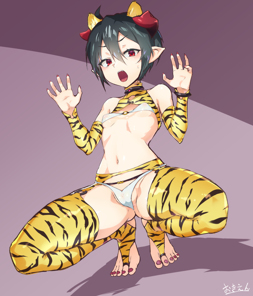 1girl :o ahoge animal_ears animal_print bikini black_hair breasts chinese_new_year chinese_zodiac demon_girl demon_horns fake_animal_ears fingernails full_body highres horns looking_at_viewer nail_polish navel oni oni_horns open_mouth original pointy_ears purple_background purple_nails red_eyes sharp_fingernails sharp_toenails short_hair small_breasts solo squatting stomach swimsuit thighhighs tiger_ears tiger_print toeless_legwear toenail_polish toenails tomonao v-shaped_eyebrows white_bikini year_of_the_tiger yellow_sleeves yellow_thighhighs