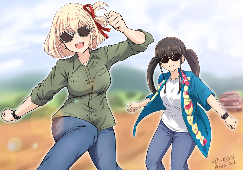 2girls black_hair blonde_hair blue_jacket breasts closed_mouth collared_shirt commentary_request cowboy_shot denim diesel-turbo floral_print green_shirt hair_ribbon highres inoue_takina jacket jeans long_hair lycoris_recoil medium_breasts multiple_girls nishikigi_chisato open_clothes open_jacket open_mouth outdoors pants red_ribbon ribbon shirt short_hair short_sleeves signature sleeves_rolled_up smile sunglasses watch wristwatch