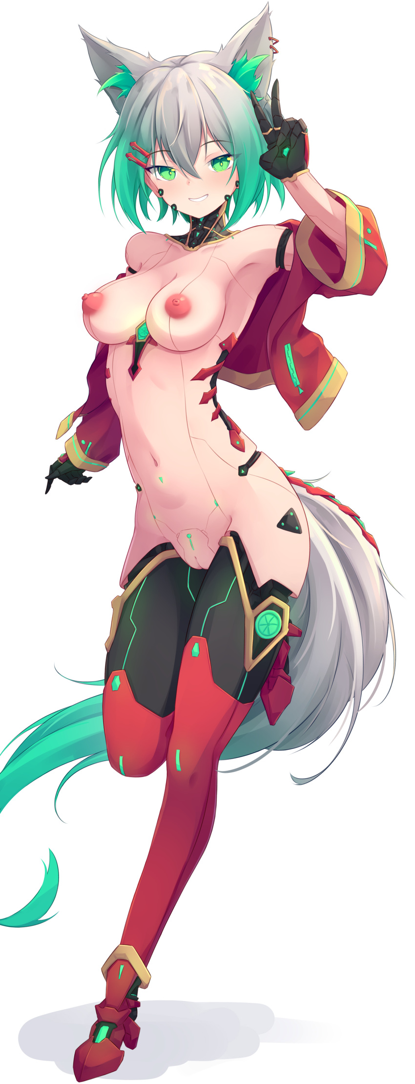 1girl absurdres animal_ear_fluff animal_ears armpits black_gloves bottomless breasts cleft_of_venus cropped_jacket crossed_bangs cyborg fox_ears fox_girl fox_tail gloves gold_trim gradient_hair green_eyes green_hair grey_hair grin hair_between_eyes hair_ornament hairclip hand_up highres jacket long_hair long_sleeves mechanical_legs medium_breasts multicolored_hair navel nipples open_clothes open_jacket original puffy_nipples pussy red_jacket shadow short_hair simple_background smile solo standing standing_on_one_leg stomach tail trimbil uncensored v very_long_hair white_background wide_sleeves