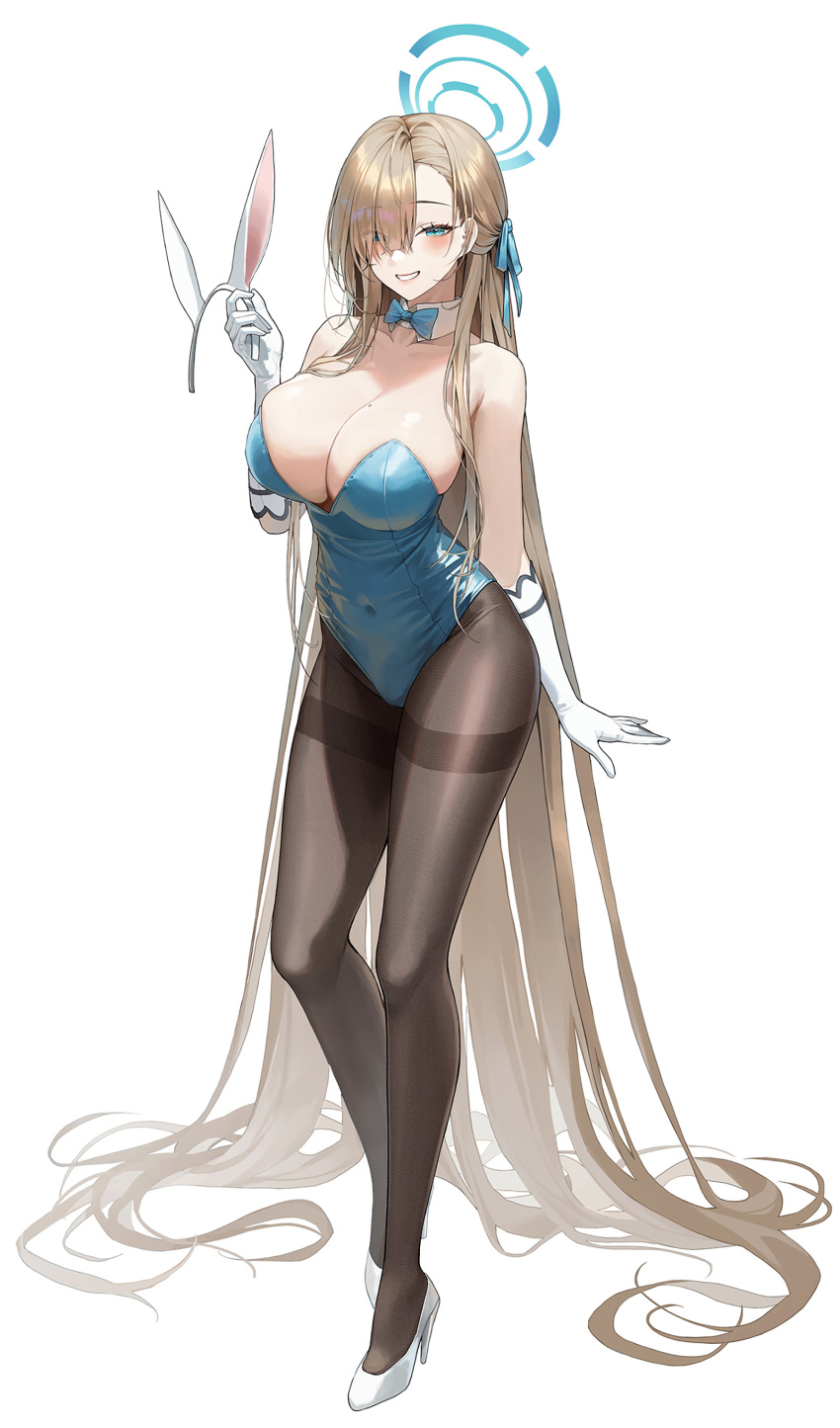 1girl absurdly_long_hair absurdres animal_ears asuna_(blue_archive) asuna_(bunny)_(blue_archive) asymmetrical_bangs bare_shoulders blonde_hair blue_archive blue_eyes blue_leotard bow bowtie breasts brown_pantyhose cleavage commentary covered_navel detached_collar eyes_visible_through_hair fake_animal_ears full_body gloves grin hair_over_one_eye hair_ribbon hair_spread_out hairband hairband_removed halo hand_up high_heels highleg highleg_leotard highres holding large_breasts legs leotard long_hair looking_at_viewer meoyo mole mole_on_breast official_alternate_costume pantyhose playboy_bunny rabbit_ears ribbon simple_background skindentation smile solo standing strapless strapless_leotard thighband_pantyhose thighs very_long_hair white_background white_footwear white_gloves white_hairband