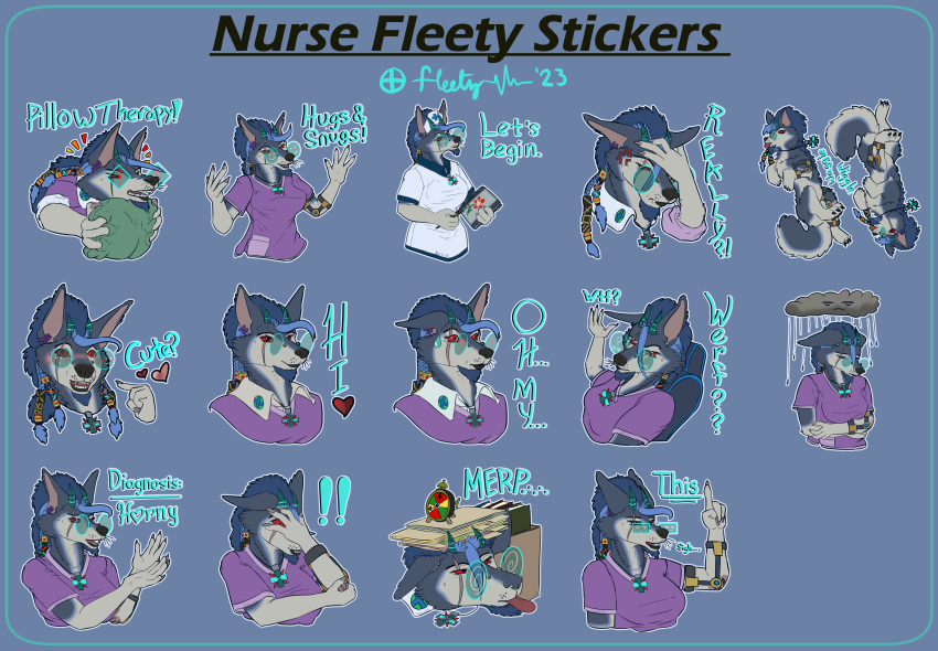 absurd_res anthro beads braces canid canine canis clothing eyewear fangs female fleety_(artist) fleety_(character) glasses herm_(lore) hi_res horn mammal mohawk moods nurse nurse_clothing nurse_fleety_(character) nurse_uniform piercing red_eyes scar scrubs stickers teeth text uniform valkwulf wolf