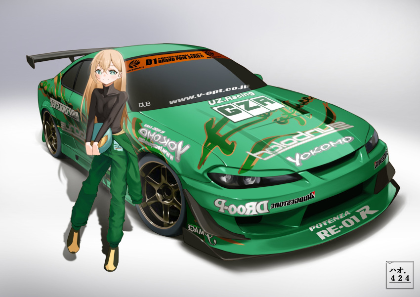 1girl artist_name black_footwear black_shirt blush breasts car collarbone cosplay d1_grand_prix green_eyes green_jumpsuit grey_background hair_between_eyes haow helmet highres holding holding_helmet hololive jumpsuit jumpsuit_around_waist kazama_iroha kazama_yasuyuki kazama_yasuyuki_(cosplay) long_hair medium_breasts motor_vehicle name_connection nissan nissan_s15_silvia nissan_silvia race_vehicle racecar racing_suit real_life shadow shirt smile solo spoiler_(automobile) vehicle_focus virtual_youtuber web_address