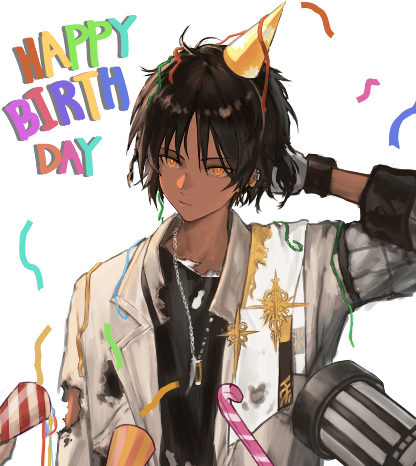 1boy arknights arm_behind_head birthday black_hair black_shirt closed_eyes dark-skinned_male dark_skin ear_piercing earclip geebee_79 gloves happy_birthday hat highres jacket jewelry male_focus necklace open_clothes open_jacket orange_eyes party_hat party_popper piercing shirt simple_background solo streamers thorns_(arknights) torn_clothes upper_body white_background white_gloves