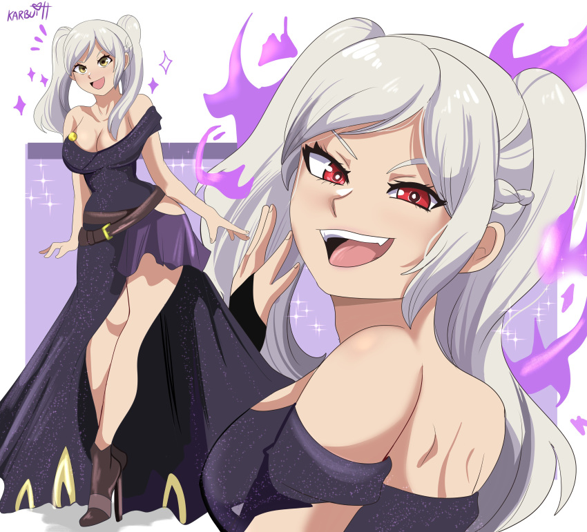 1girl absurdres alternate_costume bare_shoulders black_dress breasts brown_eyes cleavage dress dual_persona evil_smile fangs fire fire_emblem fire_emblem_awakening gala_dress grima_(fire_emblem) hand_to_own_face high_heels highres karbuitt large_breasts looking_at_viewer looking_back multiple_girls parted_bangs purple_fire red_eyes robin_(female)_(fire_emblem) robin_(fire_emblem) smile solo teeth twintails upper_teeth_only white_hair