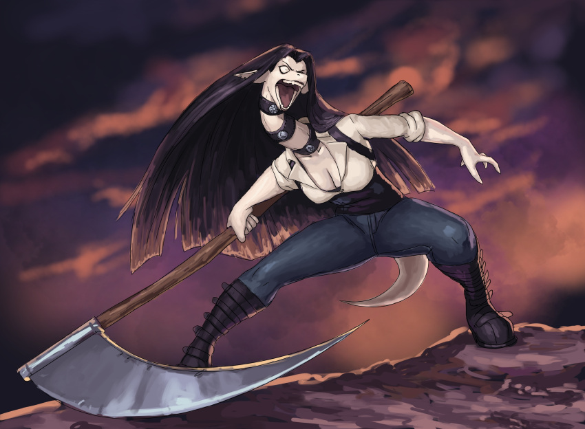 2023 absurd_res angry anthro big_breasts black_hair boots bottomwear breasts choker cleavage clothed clothing cloudscape denim denim_clothing dragon female flo_(drakkel) footwear hair hi_res holding_object holding_weapon jeans jewelry long_hair long_neck melee_weapon necklace open_mouth outside pants polearm redustheriotact scales scalie scythe shirt sky solo standing topwear weapon white_body white_scales wide_eyed wide_stance