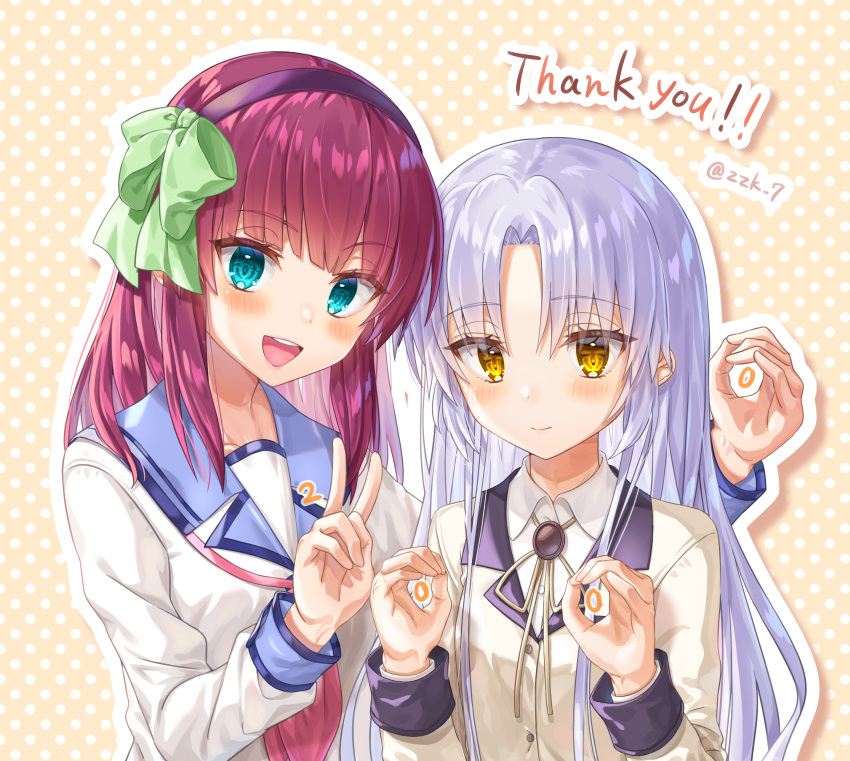 2girls :d absurdres angel_beats! aqua_eyes black_hairband blue_sailor_collar blunt_bangs blush bow closed_mouth commentary_request dress_shirt english_text eyelashes eyes_visible_through_hair green_bow hair_between_eyes hair_bow hairband hands_up happy highres jacket lips long_hair long_sleeves medium_hair milestone_celebration multiple_girls nakamura_yuri neck_ribbon neckerchief ok_sign orange_background parted_bangs pink_neckerchief polka_dot polka_dot_background purple_hair ribbon round_teeth sailor_collar shinda_sekai_sensen_uniform shirt side-by-side simple_background smile straight_hair tachibana_kanade teeth twitter_username upper_body upper_teeth_only v white_hair white_shirt yellow_eyes yellow_jacket yellow_ribbon zuzuhashi