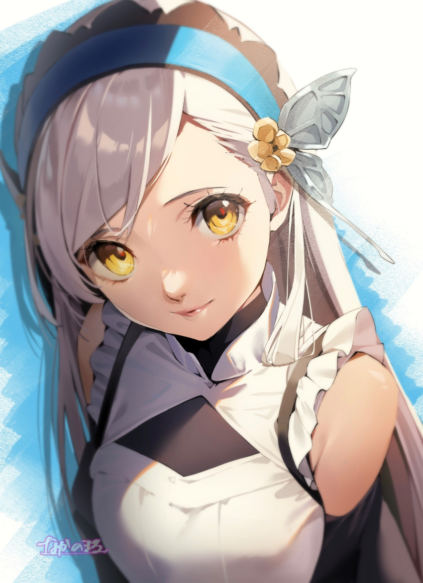 1girl alternate_costume bare_shoulders blue_hairband butterfly_hair_ornament close-up dress frilled_dress frills gloves hair_ornament hairband head_tilt highres lavenza_(persona_5) long_hair looking_at_viewer maid nakano_maru persona persona_5 smile solo swept_bangs upper_body yellow_eyes