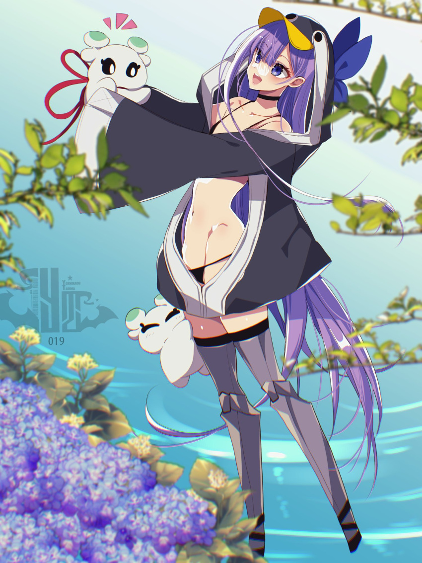 animal_costume animal_hood bikini black_bikini black_choker blue_bow bow choker fate/grand_order fate_(series) flower highres holding hood hood_up long_hair meltryllis_(fate) meltryllis_(swimsuit_lancer)_(fate) meltryllis_(swimsuit_lancer)_(first_ascension)_(fate) navel open_mouth outdoors penguin_costume penguin_hood prosthesis prosthetic_leg purple_hair sleeves_past_fingers sleeves_past_wrists smile swimsuit tajima_yoshikazu very_long_hair