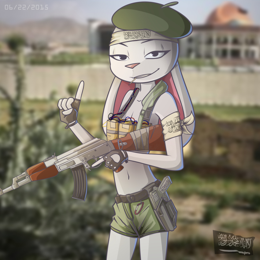 accessory anthro beret bomb bombay_(artist) clothing explosives female gun hat headband headgear headwear hi_res lagomorph leporid lerose mammal parsnip_(game) pinup pose rabbit ranged_weapon skinny solo suicide_bomber taliban terrorism weapon