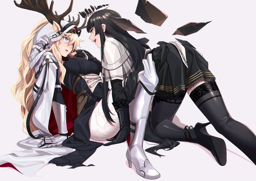 2girls :d :o absurdres all_fours animal_ears antlers antlers_through_headwear antlers_through_hood arched_back arknights arm_support armor belt belt_buckle belt_pouch black_belt black_dress black_eyes black_footwear black_gloves black_hair black_halo black_skirt black_sleeves black_thighhighs black_wings blonde_hair blue_eyes blunt_bangs breasts broken_halo brown_belt buckle chinese_commentary cloak commentary_request dark_halo deer_antlers deer_ears deer_girl detached_wings dress ears_through_headwear ears_through_hood energy_wings eye_contact eyelashes foreshortening from_side gauntlets gloves greaves hair_between_eyes halo hand_in_another's_hair hand_up headwear_request high_heels highres hime_cut hood hooded_cloak invisible_floor jacket large_breasts layered_sleeves leaning leaning_back leaning_forward leaning_on_person legs lips long_hair long_sleeves looking_at_another metal metal_gloves miniskirt mole mole_under_eye multicolored_cloak multicolored_clothes multicolored_dress multicolored_gloves multiple_girls open_mouth pale_skin pants parted_lips pleated_skirt pouch profile red_cloak red_hood shade shijie_jianfa short_over_long_sleeves short_sleeved_jacket short_sleeves sidelocks silhouette simple_background sitting skirt smile spread_legs strappy_heels surprised teeth thighhighs thighs tongue two-tone_cloak two-tone_dress two-tone_gloves two-tone_hood upper_teeth_only very_long_hair virtuosa_(arknights) viviana_(arknights) wavy_hair white_background white_belt white_cloak white_dress white_footwear white_gloves white_hood white_jacket white_pants wide_sleeves wings yuri zettai_ryouiki