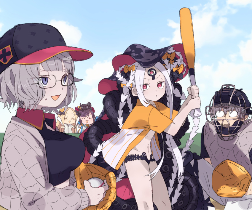 1boy 4girls ^_^ abigail_williams_(fate) abigail_williams_(swimsuit_foreigner)_(first_ascension)_(fate) alternate_costume animal_on_head ball baseball baseball_bat baseball_cap baseball_catchers_mask baseball_jersey baseball_mitt batting_stance black_hair black_shirt blonde_hair blue_sky breasts cheering closed_eyes cloud cloudy_sky colored_skin commentary_request crop_top dot_mouth dual_persona fate/grand_order fate_(series) glasses grey_hair grey_jacket grey_skin half-closed_eyes hands_up hat holding holding_ball holding_baseball_bat jacket jacques_de_molay_(foreigner)_(fate) jacques_de_molay_(saber)_(fate) katsushika_hokusai_(fate) katsushika_hokusai_(swimsuit_saber)_(fate) keyhole large_breasts long_hair looking_at_another moruka_(karupattyo03) multiple_girls navel nervous_smile on_head on_one_knee opaque_glasses open_clothes open_jacket open_shirt outdoors pants parted_bangs purple_eyes quilted_jacket red_eyes revealing_clothes ribs shirt short_hair short_sleeves skinny sky smile standing sweatdrop tentacles third_eye two-handed v-shaped_eyebrows very_long_hair wavy_hair white_hair white_pants