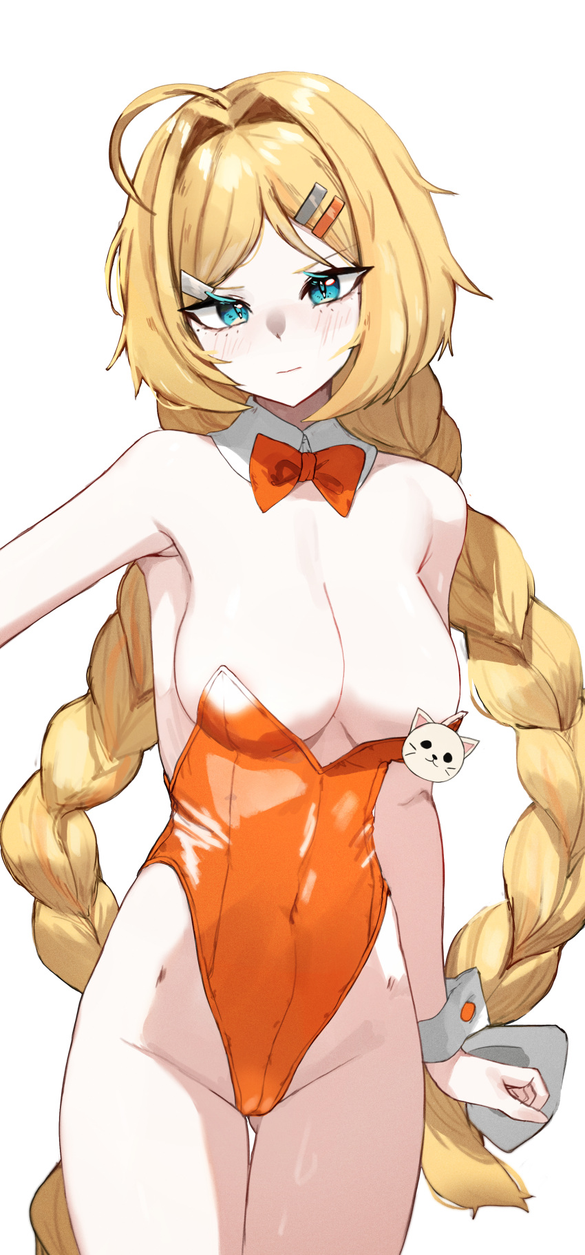 1girl absurdres ahoge alternate_costume armpits ass_visible_through_thighs bare_arms bare_shoulders black_survival blonde_hair blue_eyes bow bowtie braid breasts cameltoe cleavage closed_mouth convenient_censoring covered_navel cowboy_shot detached_collar eternal_return:_black_survival frown hair_intakes hair_ornament hairclip highleg highleg_leotard highres leotard long_hair looking_at_viewer medium_breasts mole mole_under_eye nicky_blake nontraditional_playboy_bunny orange_leotard simple_background solo standing strapless strapless_leotard thigh_gap thighs twin_braids twintails user_vzkx5785 v-shaped_eyebrows very_long_hair white_background wrist_cuffs