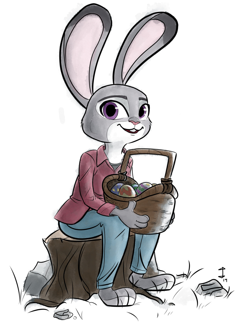 absurd_res anthro basket container disney ears_up easter easter_egg egg female hi_res holidays indigo_(artist) judy_hopps lagomorph leporid looking_at_viewer mammal rabbit simple_background smile solo white_background zootopia