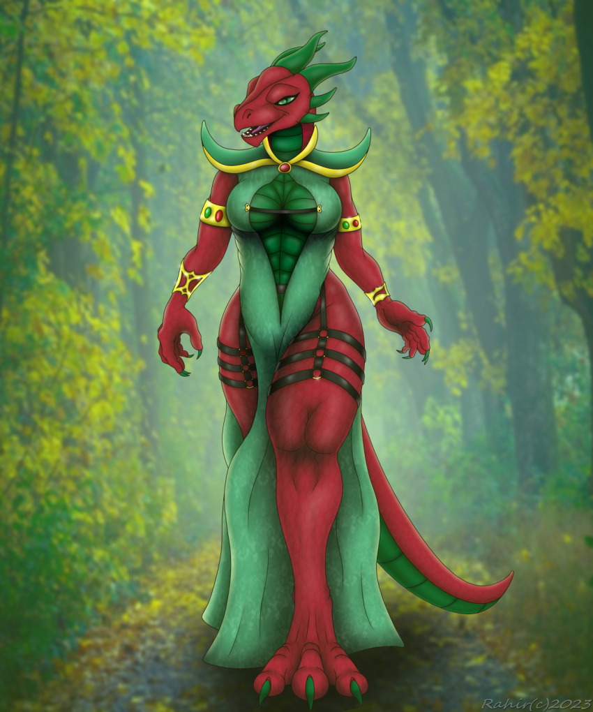 5:6 anthro breasts cleavage clothed clothing digital_media_(artwork) dragon dress female forest furry harness hi_res plant pose reptile scalie solo thick thighs tree