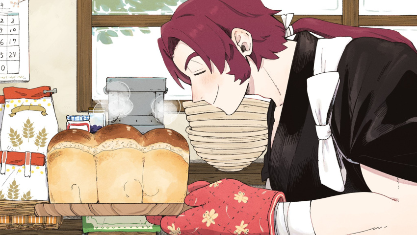 1boy bag baking bowl bread calendar_(object) closed_eyes food from_side highres japanese_clothes male_focus oven_mitts ponytail red_hair riyo_(korokke) smile tonbokiri_(touken_ranbu) touken_ranbu window