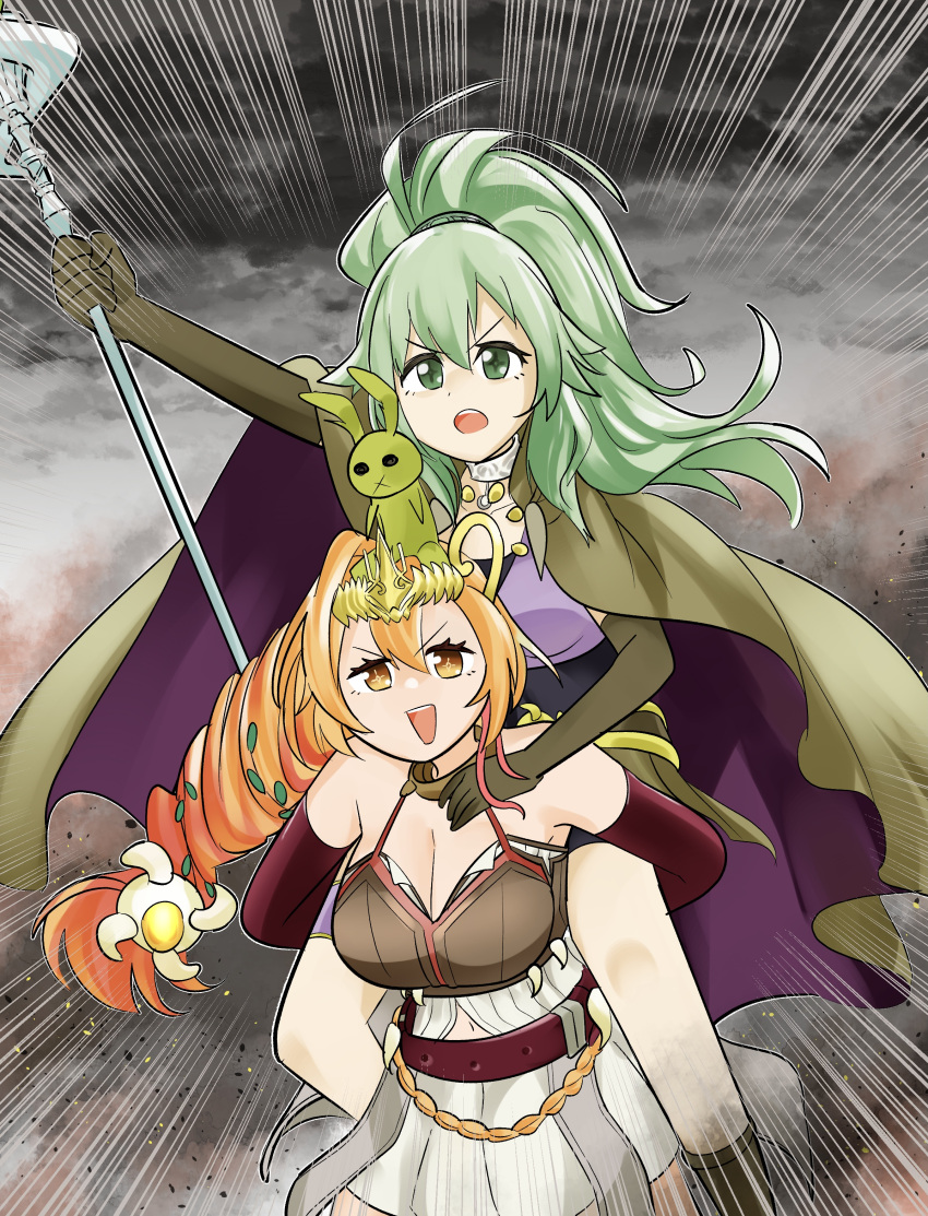 2girls absurdres arm_up bare_shoulders belt breasts brown_eyes cape carrying cleavage duel_monster elbow_gloves gloves green_eyes green_hair hair_ornament highres holding holding_staff jewelry large_breasts long_hair multiple_girls necklace open_mouth orange_hair piggyback pleated_skirt ponytail sawan_cutman skirt spiritual_beast_tamer_lara spiritual_beast_tamer_winda staff thigh_strap tiara winda_(yu-gi-oh!) yu-gi-oh!