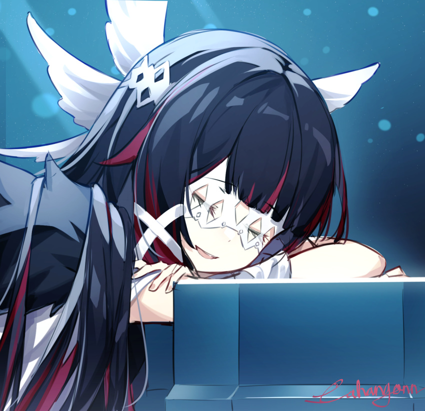 artist_name black_hair closed_eyes coat coffin columbina_(genshin_impact) genshin_impact hair_ornament highres long_hair multicolored_hair shiroi_ou smile two-tone_hair white_coat