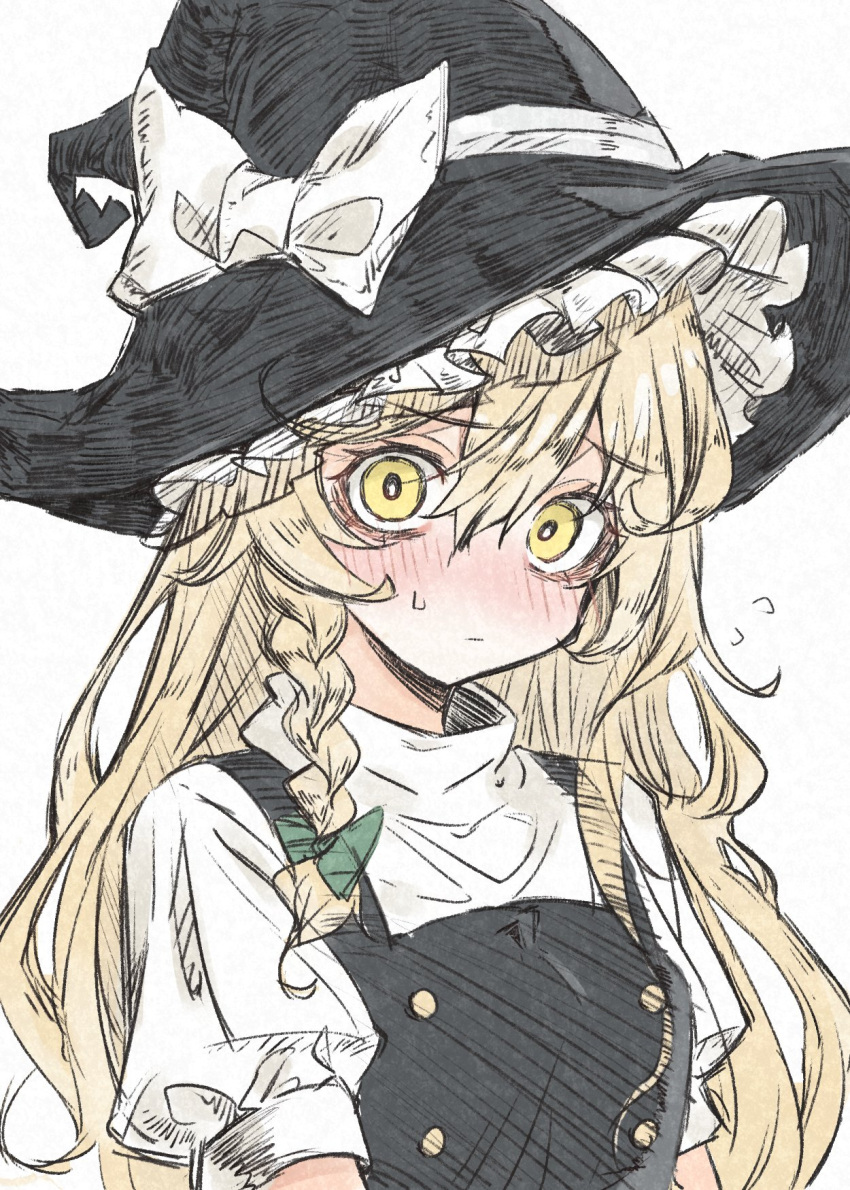 1girl black_headwear black_vest blonde_hair blush bow braid closed_mouth commentary_request deal360acv flying_sweatdrops green_bow hat hat_bow highres kirisame_marisa long_hair looking_at_viewer puffy_short_sleeves puffy_sleeves shirt short_sleeves simple_background single_braid solo sweatdrop touhou upper_body vest white_background white_bow white_shirt witch_hat yellow_eyes