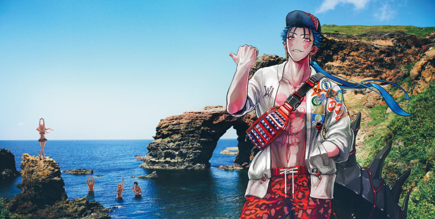 1girl 4boys baseball_cap bikini blue_hair bodypaint character_request check_character chest_tattoo cu_chulainn_(fate) cu_chulainn_alter_(fate) cu_chulainn_alter_(under_the_same_sky)_(fate) diarmuid_ua_duibhne_(lancer)_(fate) facial_mark fate/grand_order fate_(series) fergus_mac_roich_(fate) fionn_mac_cumhaill_(fate/grand_order) hat highres horizon jacket long_hair looking_at_viewer male_focus male_swimwear medb_(fate) medb_(swimsuit_saber)_(fate) multiple_boys official_art open_clothes open_jacket outdoors parted_lips photo_background pointing ponytail red_eyes shimadoriru smile swim_trunks swimsuit tail tattoo wading water