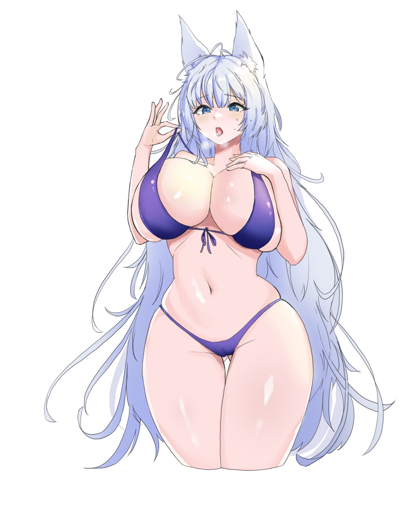 1girl absurdres animal_ears ass_visible_through_thighs azur_lane bikini blue_eyes breasts breath cameltoe curvy fox_ears hand_on_own_chest highres huge_breasts long_hair looking_at_viewer open_mouth pang_(daty8882) purple_bikini shinano_(azur_lane) solo sweat swimsuit thick_thighs thigh_gap thighs very_long_hair white_hair wide_hips