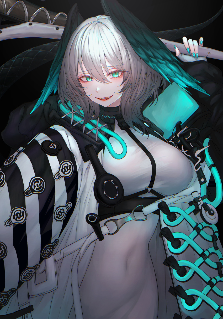 1girl :d absurdres aqua_eyes aqua_nails arknights breasts coat commentary_request covered_navel dress fangs fingerless_gloves gloves grey_gloves grey_hair hair_between_eyes head_wings highres hisamichi_(hisamichi1373) ho'olheyak_(arknights) large_breasts looking_at_viewer nail_polish open_clothes open_coat open_mouth short_hair smile solo upper_body white_coat white_dress wings