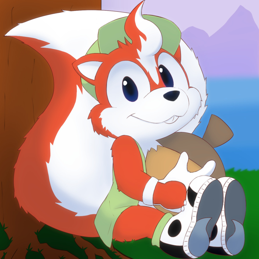 2023 age_difference anthro digital_drawing_(artwork) digital_media_(artwork) digital_painting_(artwork) food fruit fur hi_res male mammal mr._nutz mr._nutz_(game) nut_(fruit) plant red_body red_fur rodent roshu39 sciurid solo tail tree_squirrel young younger_male