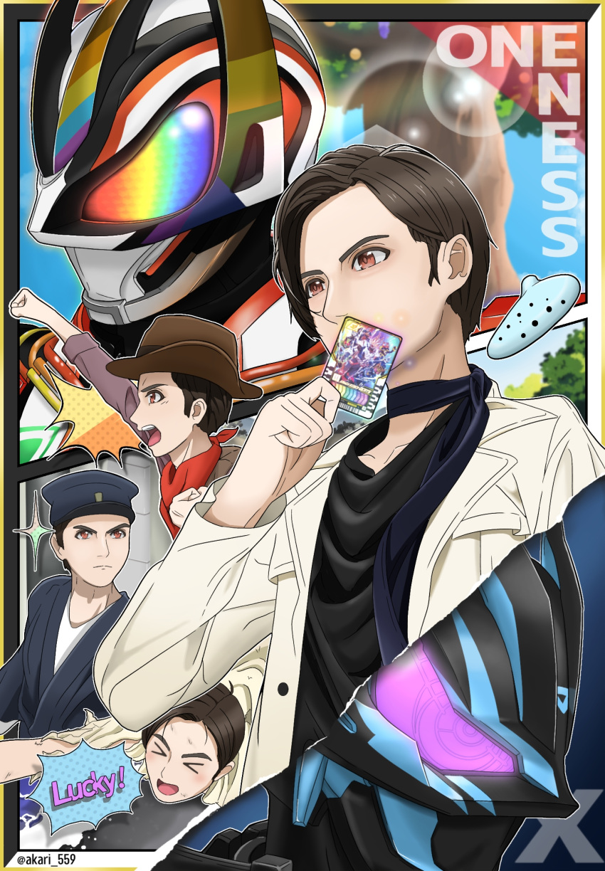 brown_hair card hat helmet highres holding holding_card kamen_rider kamen_rider_cross_geats kamen_rider_geats kamen_rider_geats_(series) kamen_rider_geats_oneness male_focus multicolored_eyes multiple_persona orange_eyes pokehikaxyz purple_eyes rainbow_eyes scarf short_hair tokusatsu twitter_username upper_body