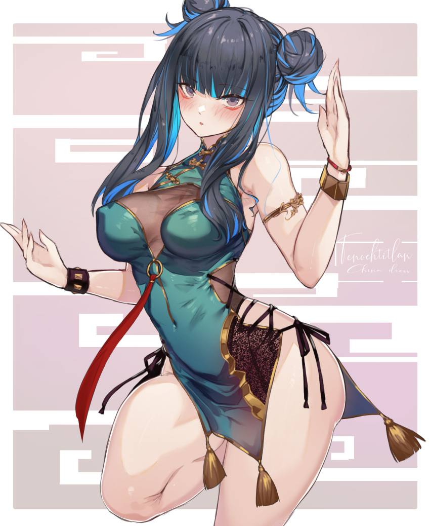 1girl armlet bare_shoulders black_hair blue_hair blunt_bangs bracelet breasts china_dress chinese_clothes colored_inner_hair double_bun dress eyeliner fate/grand_order fate_(series) gold_trim green_dress grey_eyes hair_bun highres jewelry large_breasts long_hair looking_at_viewer makeup multicolored_hair o-ring pelvic_curtain short_dress sidelocks solo tassel tenochtitlan_(fate) thighs ura_illust