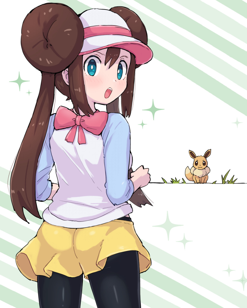 1girl :o black_pantyhose blush bow bright_pupils brown_hair commentary_request double_bun eevee grass green_eyes hair_bun highres kutabireta_neko long_hair looking_back open_mouth pantyhose pink_bow pokemon pokemon_(creature) pokemon_(game) pokemon_bw2 raglan_sleeves rosa_(pokemon) shirt shorts sidelocks sleeves_past_elbows sparkle teeth twintails upper_teeth_only visor_cap wedgie white_headwear yellow_shorts