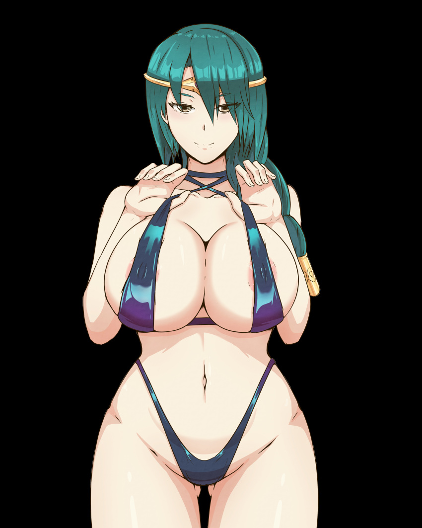 1girl absurdres alternate_costume areola_slip ass_visible_through_thighs bare_shoulders bikini bikini_top_lift braid braided_ponytail breast_lift breasts circlet cleavage clothes_lift commission commissioner_upload cowboy_shot fire_emblem fire_emblem_heroes gem green_hair hexel_chan highleg highleg_bikini highres huge_breasts jewelry linea_alba looking_at_viewer mature_female medium_hair navel non-web_source single_braid sling_bikini_top smile smirk solo stomach swimsuit thick_thighs thighs thorr_(fire_emblem) yellow_eyes