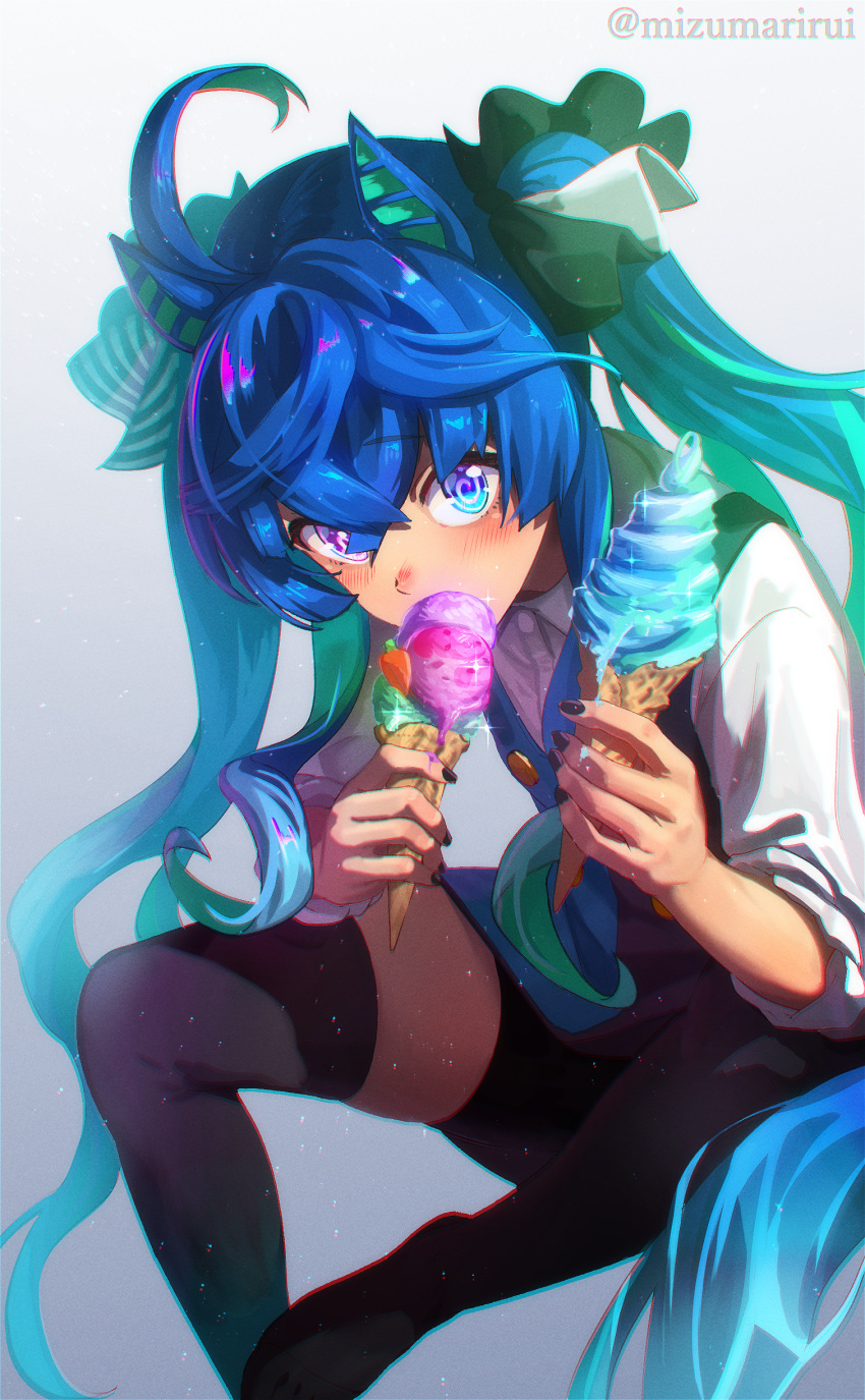 absurdres ahoge animal_ears aqua_hair black_dress black_nails black_ribbon black_thighhighs blue_eyes blue_hair collared_shirt crossed_bangs dress food hair_ribbon heterochromia highres holding holding_food horse_ears horse_girl horse_tail ice_cream_cone invisible_chair leaning_forward light_particles long_hair multicolored_hair pinafore_dress purple_eyes ribbon shirt shuijulei sidelocks sitting sleeveless sleeveless_dress sleeves_rolled_up sparkle tail thighhighs twin_turbo_(umamusume) twintails twitter_username two-tone_hair umamusume very_long_hair white_shirt