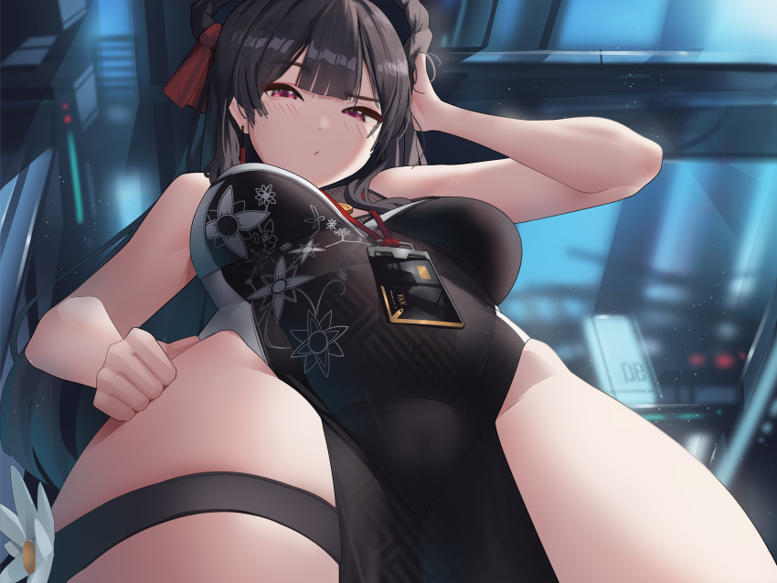 1girl absurdres bare_shoulders braid breasts chinese_clothes earrings from_below gloomyowl gloves goddess_of_victory:_nikke grey_hair hair_ribbon hair_rings highres indoors jewelry legs no_panties red_eyes ribbon solo thigh_strap thighs twin_braids yan_(nikke)