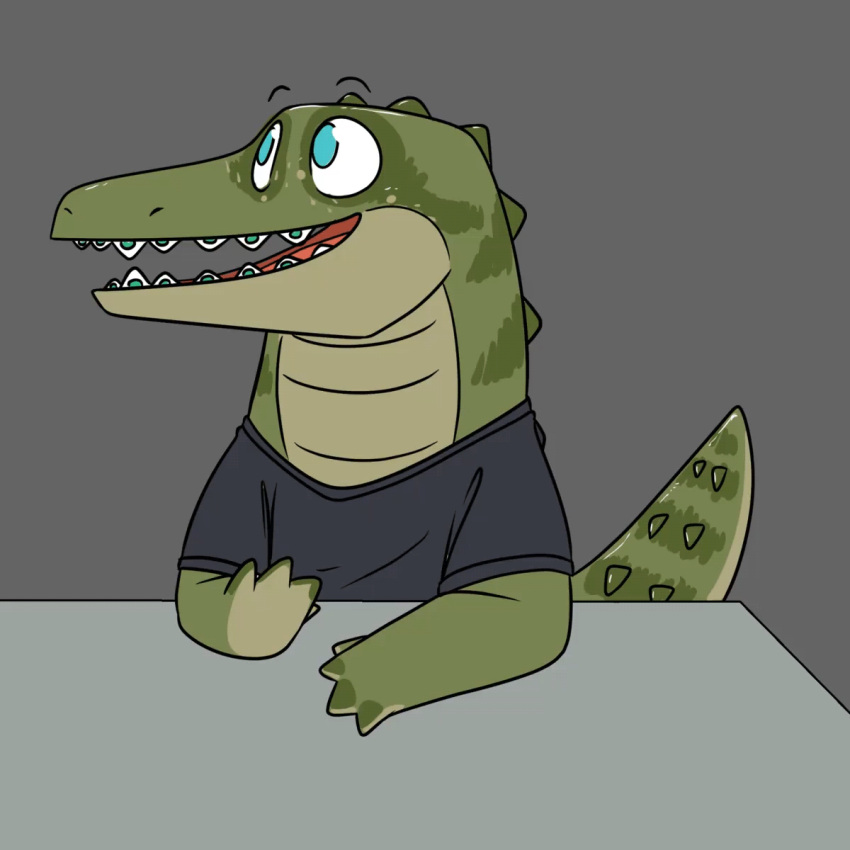 alligator alligatorid animated benji_(artist) benji_alligator_(benji) blush braces clothing crocodilian eyes_closed happy hi_res later_alligator looking_at_viewer loop male patting reptile scalie semi-anthro shirt smile solo topwear