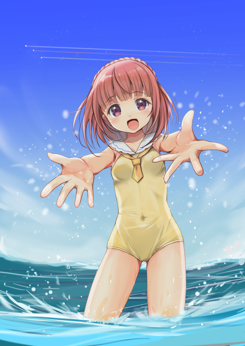 1girl absurdres aikawa_aika alice_gear_aegis blue_sky blunt_bangs braid brown_eyes casual_one-piece_swimsuit cloud commentary_request covered_navel crown_braid day highres ocean one-piece_swimsuit open_mouth outdoors red_eyes short_hair sky smile solo splashing standing swimsuit water yashin_(yasinz) yellow_one-piece_swimsuit