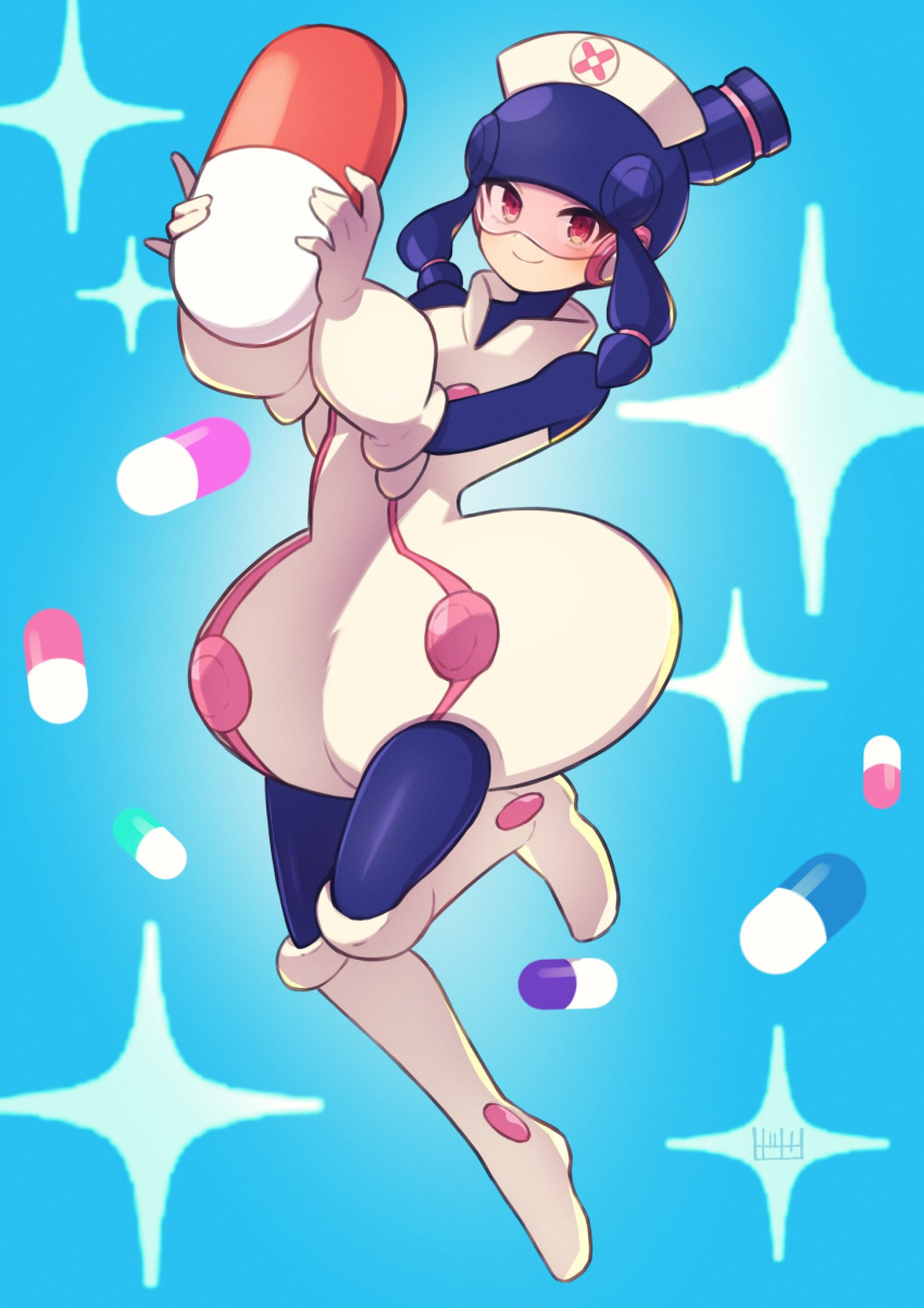 1girl blue_background boots breasts capsule character_request closed_mouth commentary_request copyright_request full_body hat highres knee_boots looking_at_viewer medicine medium_breasts nurse_cap pill red_eyes sidelocks smile spacesuit tobitori