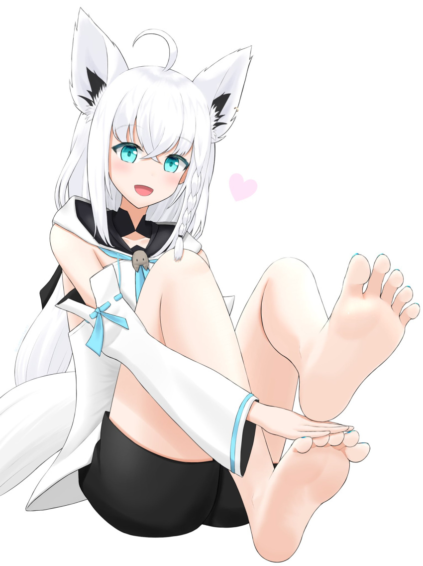 1girl ahoge animal_ears barefoot blue_eyes blue_nails blush feet fox_ears fox_girl fox_tail heart highres hololive open_mouth shirakami_fubuki shirakami_fubuki_(1st_costume) simple_background soles tail tamagotozi3420 toes virtual_youtuber white_background white_hair white_tail