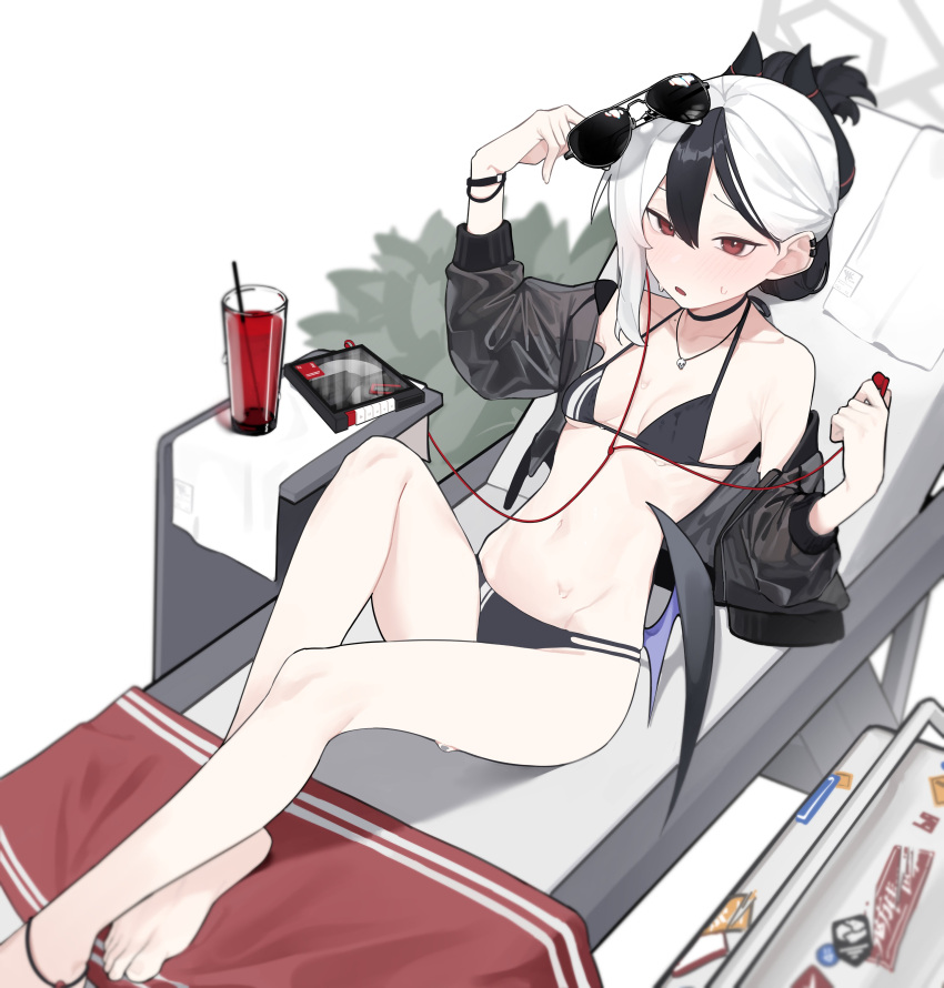 1girl absurdres anklet bare_shoulders bikini black_bikini black_hair black_jacket blue_archive blurry blush breasts breasts_apart chair choker cooler cup depth_of_field digital_media_player drinking_straw ear_piercing earbuds earphones fataaa halo halterneck highres holding holding_eyewear horns jacket jewelry kayoko_(blue_archive) looking_at_viewer lounge_chair low_wings mole navel off_shoulder open_clothes open_jacket open_mouth pendant piercing ponytail reclining red_eyes single_wing small_breasts solo sunglasses sweat swimsuit towel white_background white_hair wings wristband