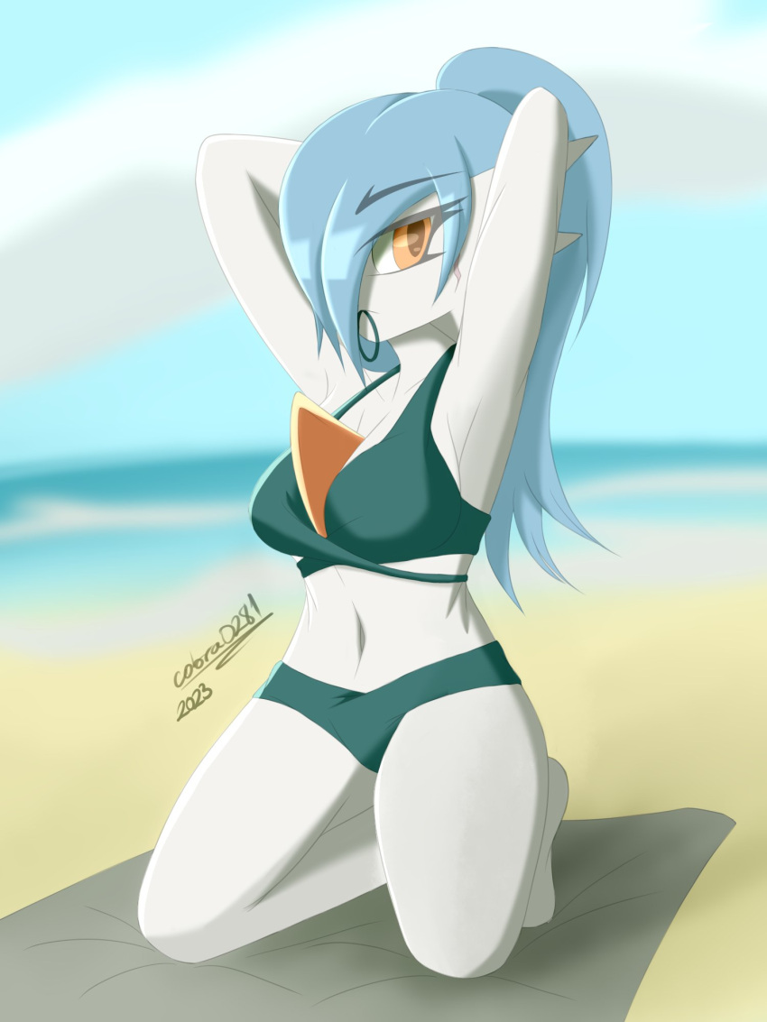 2023 alyx_(cobra0281) beach bikini blue_hair breasts cleavage clothed clothing cobra0281 female gardevoir generation_3_pokemon hair hair_over_eye hair_tie_in_mouth hands_behind_head hi_res humanoid kneeling looking_at_viewer medium_breasts midriff navel nintendo not_furry one_eye_obstructed orange_eyes pokemon pokemon_(species) ponytail pose seaside shiny_pokemon signature solo summer swimwear