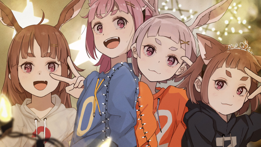 2023 4girls :3 :d ahoge animal_ears black_hoodie blue_hoodie blunt_bangs blurry blurry_background blurry_foreground blush bob_cut brown_hair casual cat_ears chinese_zodiac christmas_lights close-up commentary depth_of_field drawstring fang grey_hair hair_ornament hairclip head_tilt highres hikimayu hood hood_down hoodie light_blush long_hair long_sleeves looking_at_viewer multiple_girls orange_hoodie original pink_hair pointing pointing_at_self portrait purple_eyes rabbit_ears russian_commentary servachok short_eyebrows short_hair side-by-side skin_fang smile star_(symbol) teeth thick_eyebrows tiara upper_body upper_teeth_only v v_over_eye white_hood white_hoodie x_hair_ornament year_of_the_rabbit