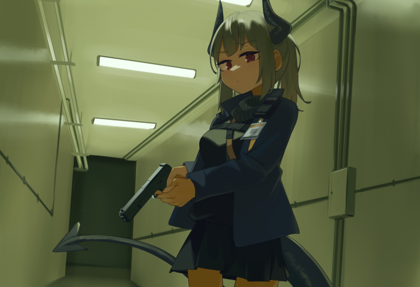 1girl arknights black_skirt black_sweater blue_jacket breasts ceiling_light closed_mouth cowboy_shot dragon_girl dragon_horns dragon_tail grey_hair gun hallway highres hinami047 holding holding_gun holding_weapon horns indoors jacket liskarm_(arknights) long_hair long_sleeves looking_at_viewer medium_breasts miniskirt open_clothes open_jacket ponytail red_eyes sidelocks skirt solo sweater tail weapon