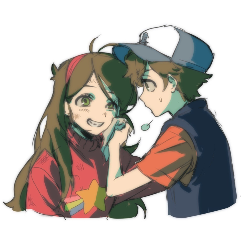 1boy 1girl baseball_cap blue_headwear blue_jacket blue_vest braces brother_and_sister brown_eyes brown_hair bruise dipper_pines gravity_falls grin hairband half-closed_eye hat highres injury jacket jjojjo110110 long_hair mabel_pines messy_hair pine_tree pink_hairband pink_sweater rainbow_print red_shirt shirt shooting_star short_hair siblings sleeveless sleeveless_jacket smile star_(symbol) star_print sweatdrop sweater tree tree_print twins vest wiping_face worried