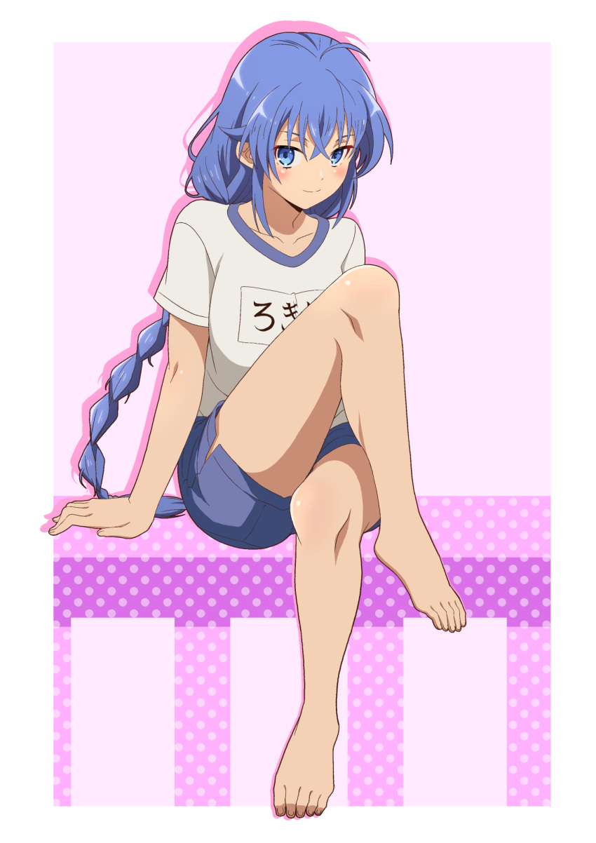 1girl alternate_costume bare_legs barefoot blue_eyes blue_hair blue_shorts blush border braid braided_ponytail breasts character_name closed_mouth collarbone commentary_request crossed_bangs eyelashes feet full_body gym_uniform hair_between_eyes highres honba_misaki knee_up legs long_hair mushoku_tensei name_tag patterned_background purple_background roxy_migurdia shadow shirt short_shorts short_sleeves shorts sidelocks sitting small_breasts smile solo toenails toes white_border white_shirt