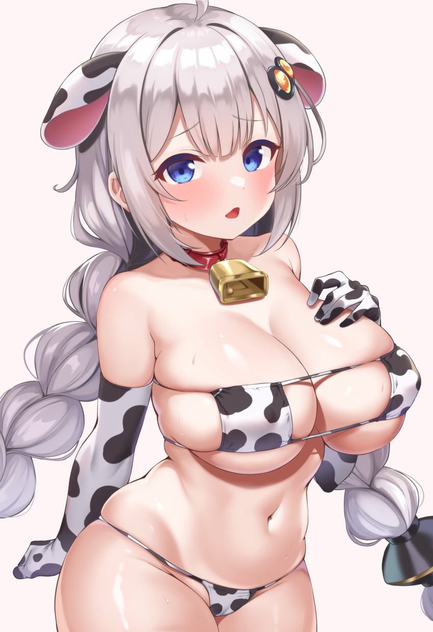 animal_humanoid animal_print bell bell_collar big_breasts bikini black_ears blue_eyes blush bovid bovid_humanoid bovine bovine_humanoid braided_hair breasts cattle_humanoid cleavage clothed clothing collar cow_print cowbell eyebrow_through_hair eyebrows female front_view grey_hair hair hand_on_breast hi_res humanoid looking_at_viewer mammal mammal_humanoid multicolored_ears navel open_mouth red_collar silver_hair simple_background solo sonaokun2 swimwear thick_thighs translucent translucent_hair two_tone_ears white_background white_body white_ears white_skin